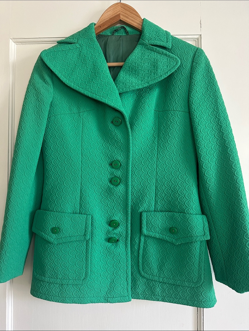 Green Textured Women's Coat - Classic Button Front Jacket